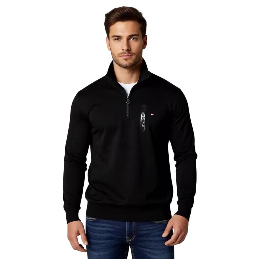 Tommy Hilfiger Mens Quarter Zip Sweater Black Cotton Pullover Mock Neck Large
